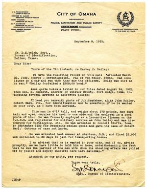 Primary view of object titled '[Letter from Omaha Police Department Superintendent, Sgr. Dennison to Dallas, Texas Bureau of Identification Superintendent D. E. Walsh - 09/09/1933]'.