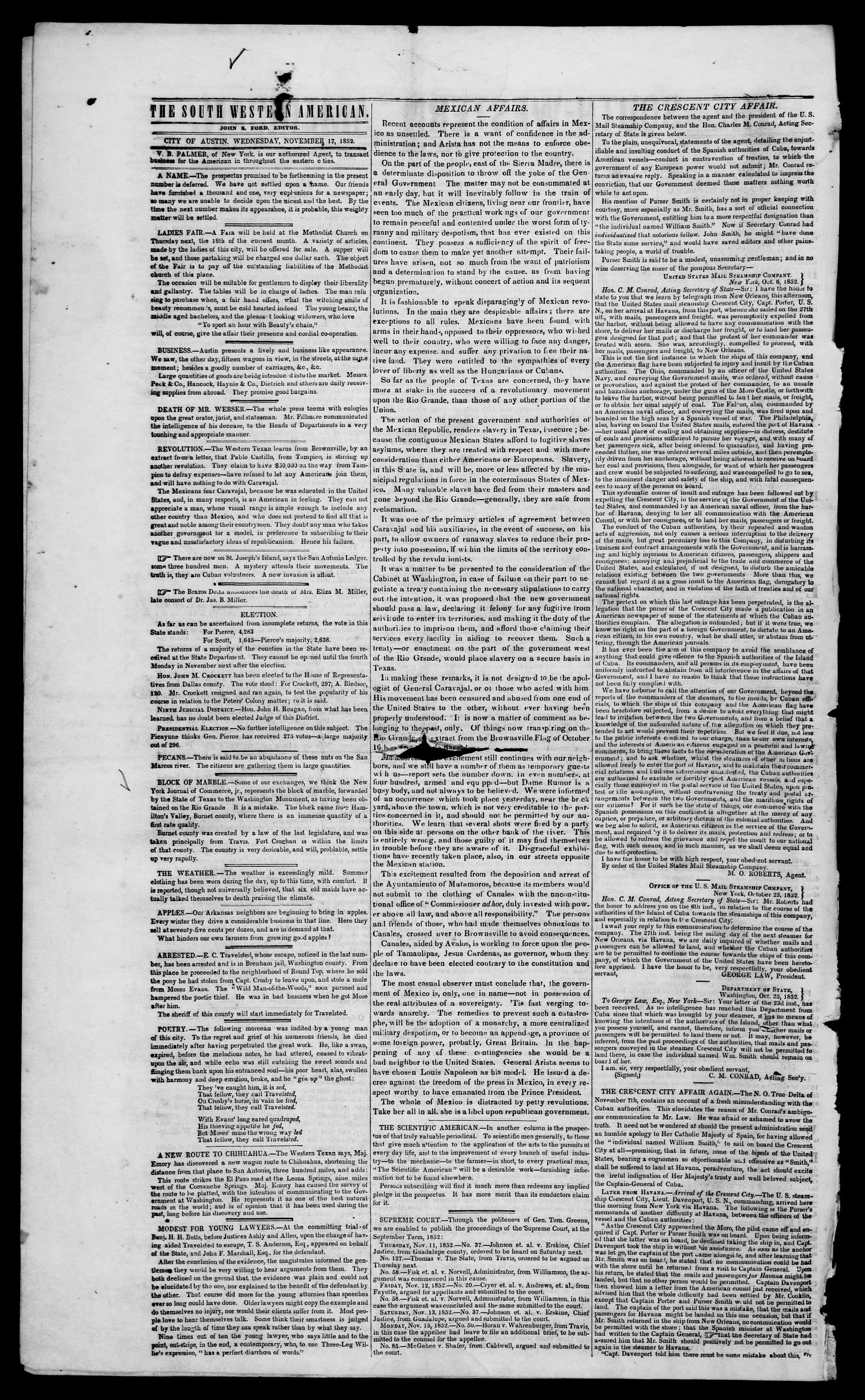 South-Western American (Austin, Tex.), Vol. 4, No. 19, Ed. 1, Wednesday, November 17, 1852
                                                
                                                    [Sequence #]: 2 of 4
                                                