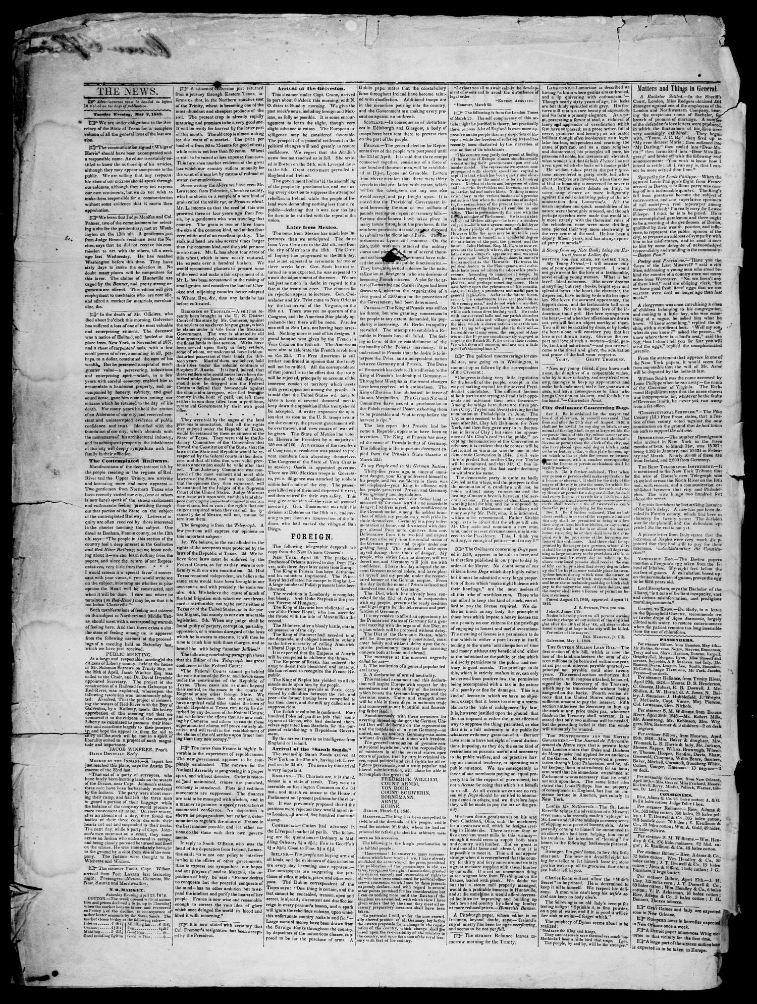 Galveston Weekly News. (Galveston, Tex.), Vol. 5, No. 4, Ed. 1, Friday, May 5, 1848
                                                
                                                    [Sequence #]: 2 of 6
                                                