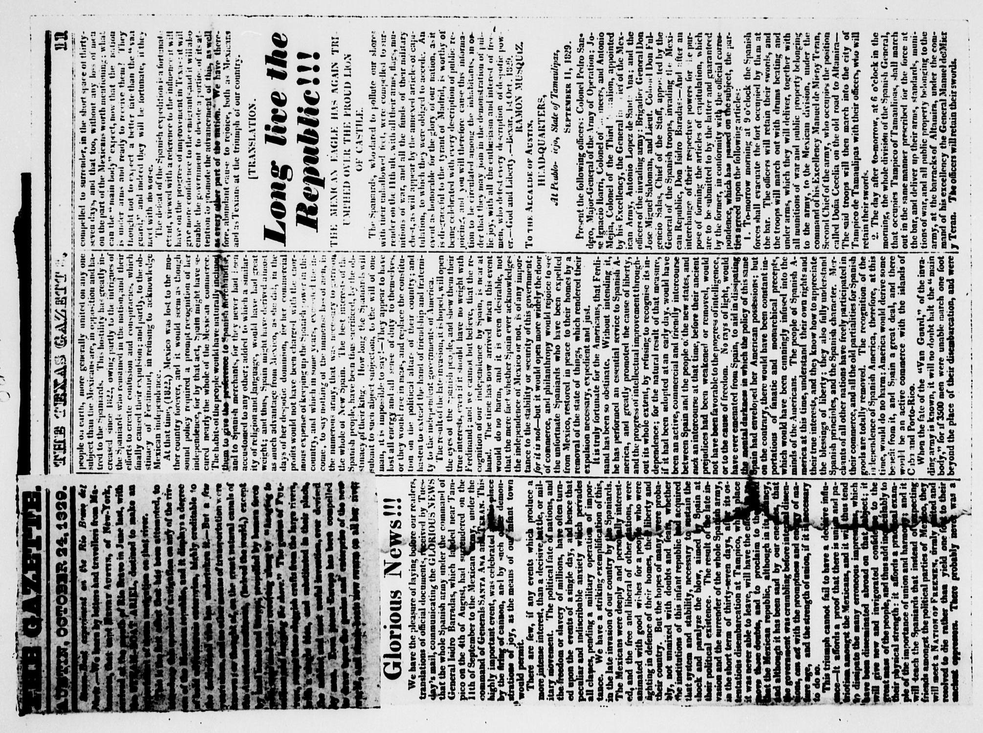 The Texas Gazette. (San Felipe de Austin, Tex.) Saturday, October 24, 1829
                                                
                                                    [Sequence #]: 1 of 3
                                                