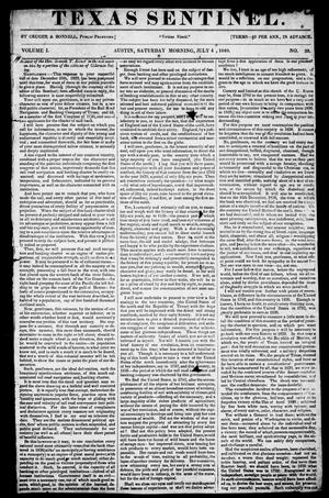 Primary view of object titled 'Texas Sentinel. (Austin, Tex.), Vol. 1, No. 29, Ed. 1, Saturday, July 4, 1840'.