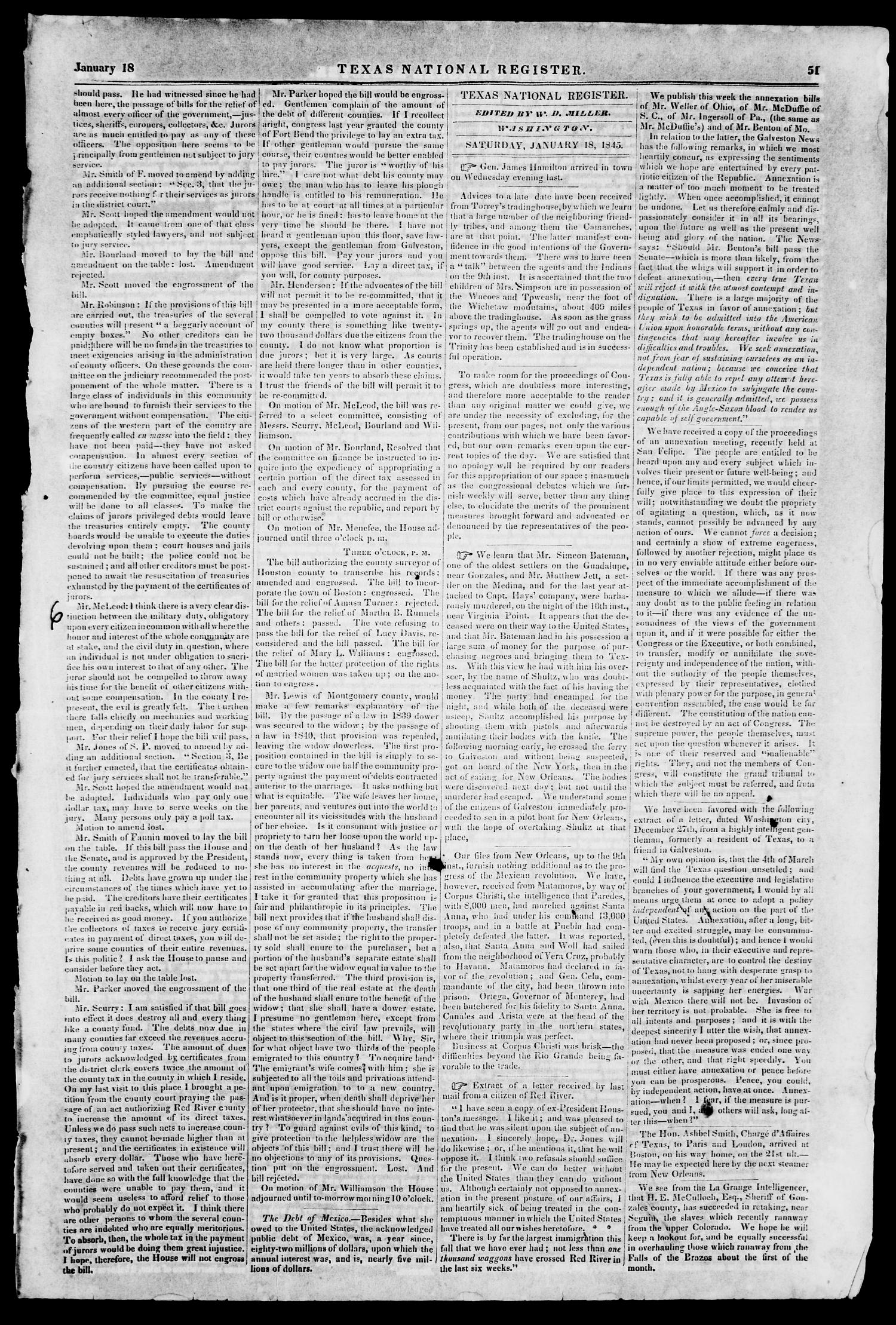 Texas National Register. (Washington, Tex.), Vol. 1, No. 7, Ed. 1, Saturday, January 18, 1845
                                                
                                                    [Sequence #]: 3 of 8
                                                