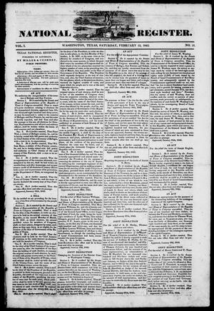 Primary view of object titled 'Texas National Register. (Washington, Tex.), Vol. 1, No. 11, Ed. 1, Saturday, February 15, 1845'.