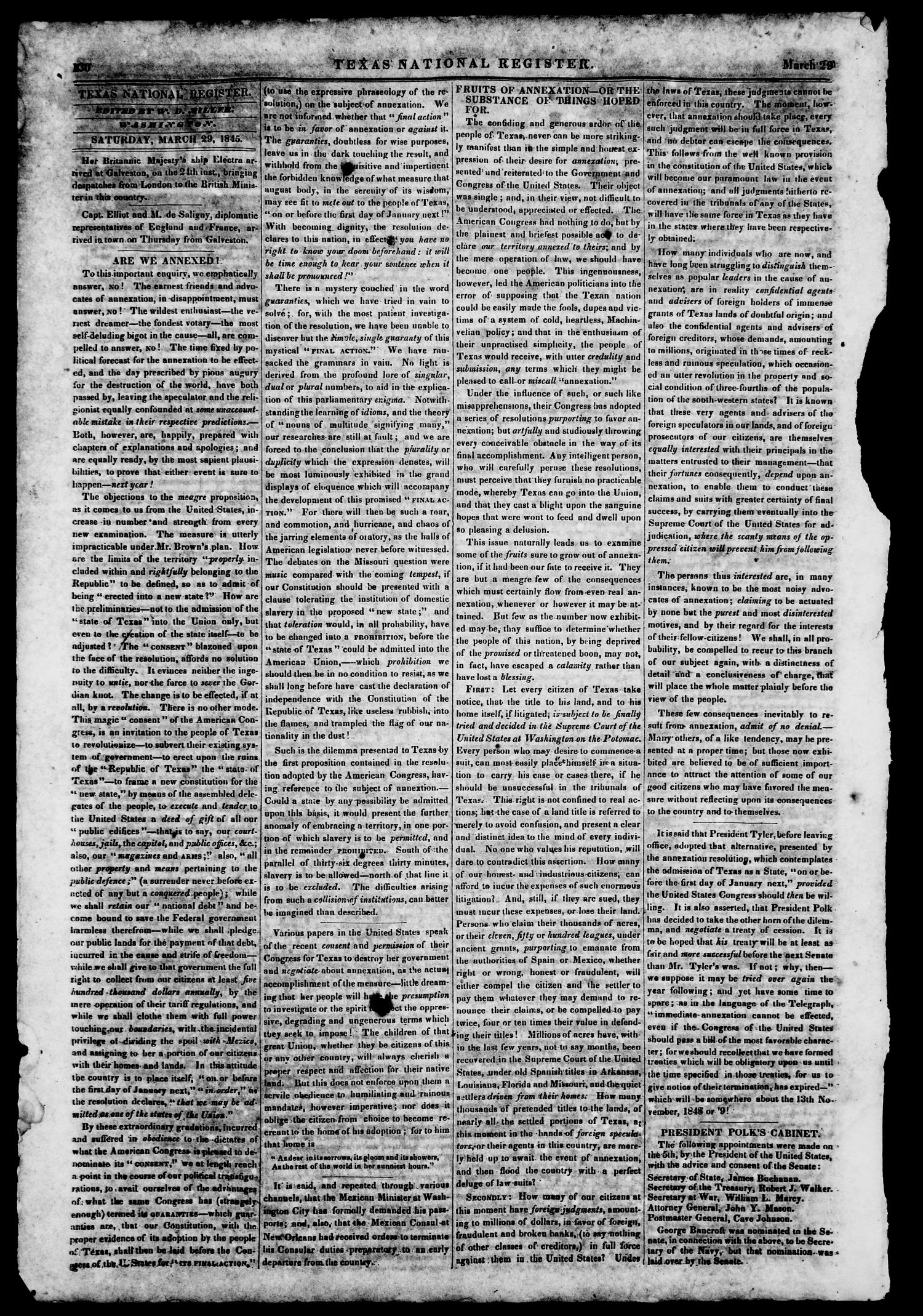 Texas National Register. (Washington, Tex.), Vol. 1, No. 17, Ed. 1, Saturday, March 29, 1845
                                                
                                                    [Sequence #]: 2 of 8
                                                