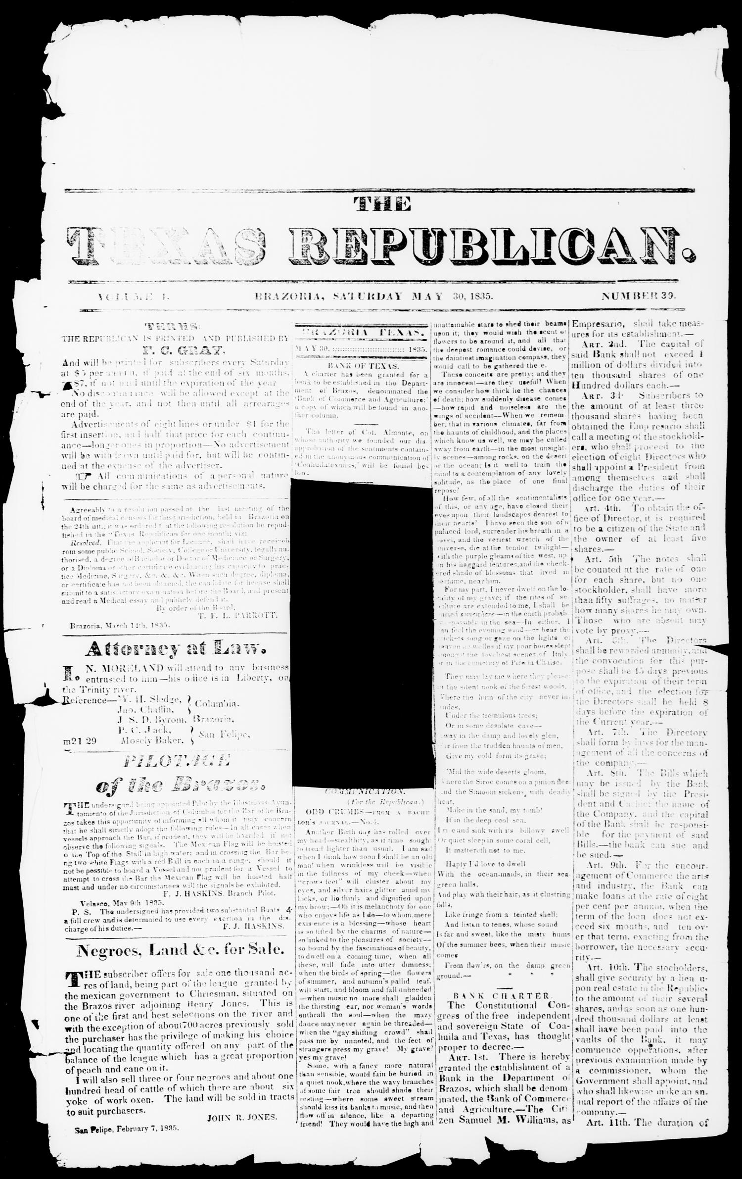 The Texas Republican. (Brazoria, Tex.), Vol. 1, No. 39, Ed. 1, Saturday, May 30, 1835
                                                
                                                    [Sequence #]: 1 of 2
                                                
