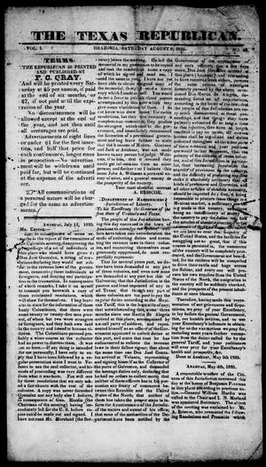 Primary view of object titled 'The Texas Republican. (Brazoria, Tex.), Vol. 1, No. 49, Ed. 1, Saturday, August 8, 1835'.