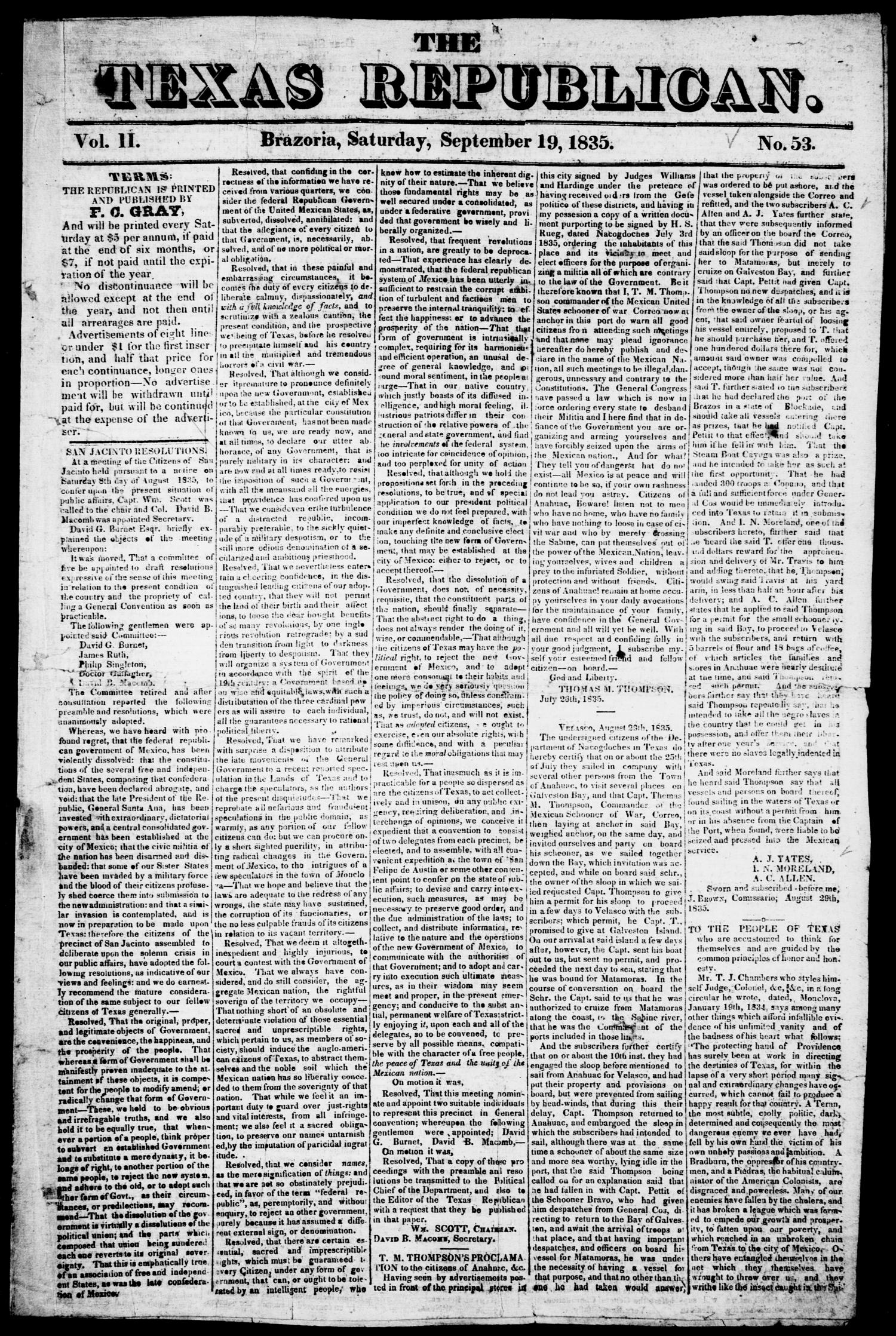 The Texas Republican. (Brazoria, Tex.), Vol. 1, No. 53, Ed. 1, Saturday, September 19, 1835
                                                
                                                    [Sequence #]: 1 of 4
                                                