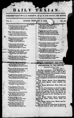 Primary view of object titled 'Daily Texian (Austin, Tex.), Vol. 1, No. 47, Ed. 1, Wednesday, February 2, 1842'.