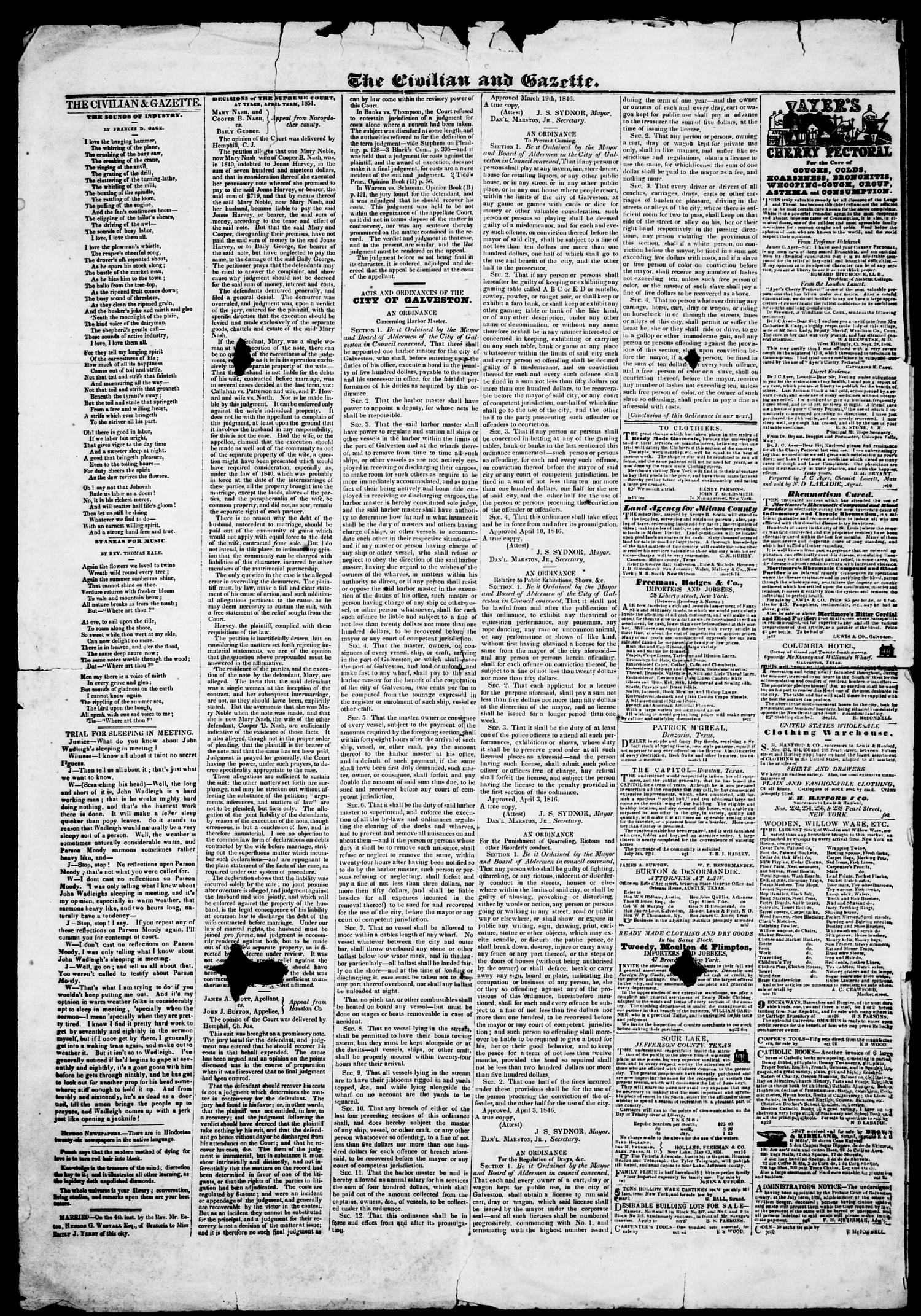 The Civilian and Galveston Gazette. (Galveston, Tex.), Vol. 13, Ed. 1, Friday, September 12, 1851
                                                
                                                    [Sequence #]: 4 of 4
                                                