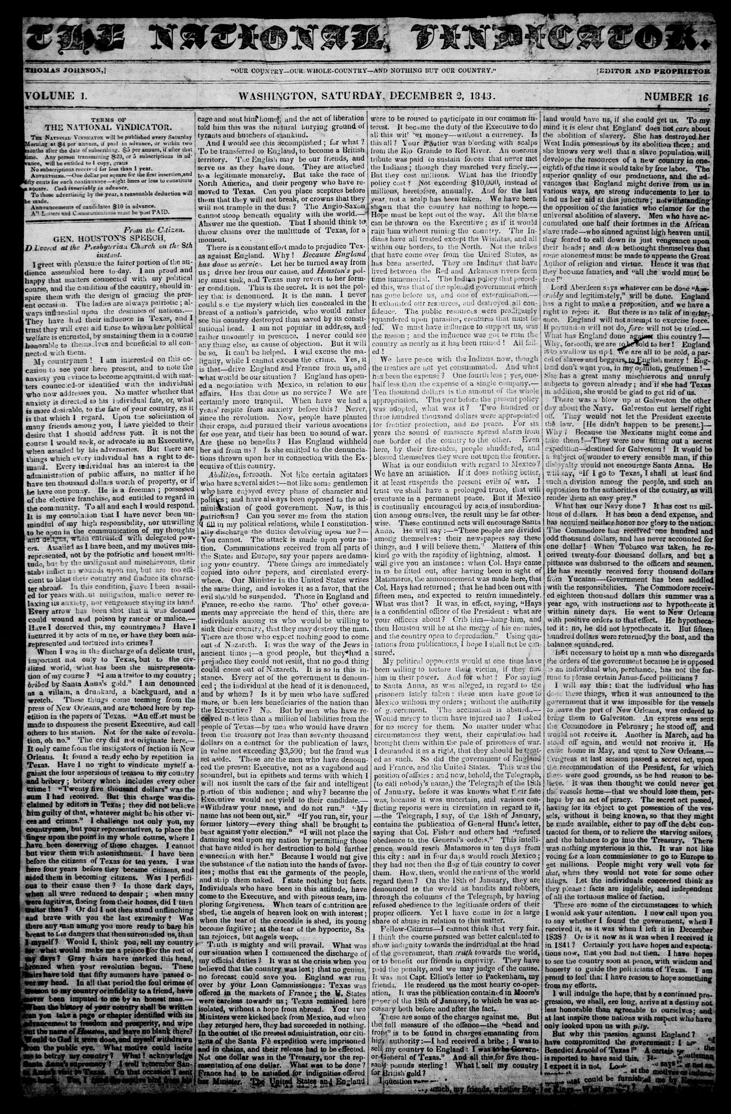 The National Vindicator. (Washington, Tex.), Vol. 1, No. 16, Ed. 1, Saturday, December 2, 1843
                                                
                                                    [Sequence #]: 1 of 4
                                                