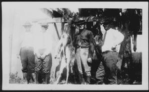 Primary view of object titled '[Albert Peyton George and three other men posed with trussed deer]'.