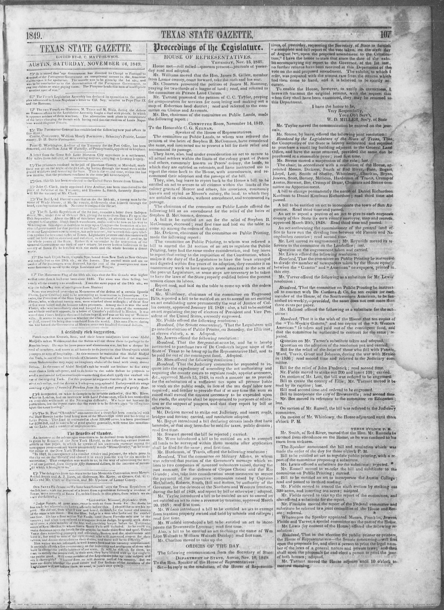 Texas State Gazette. (Austin, Tex.), Vol. 1, No. 14, Ed. 1, Saturday, November 24, 1849
                                                
                                                    [Sequence #]: 3 of 8
                                                