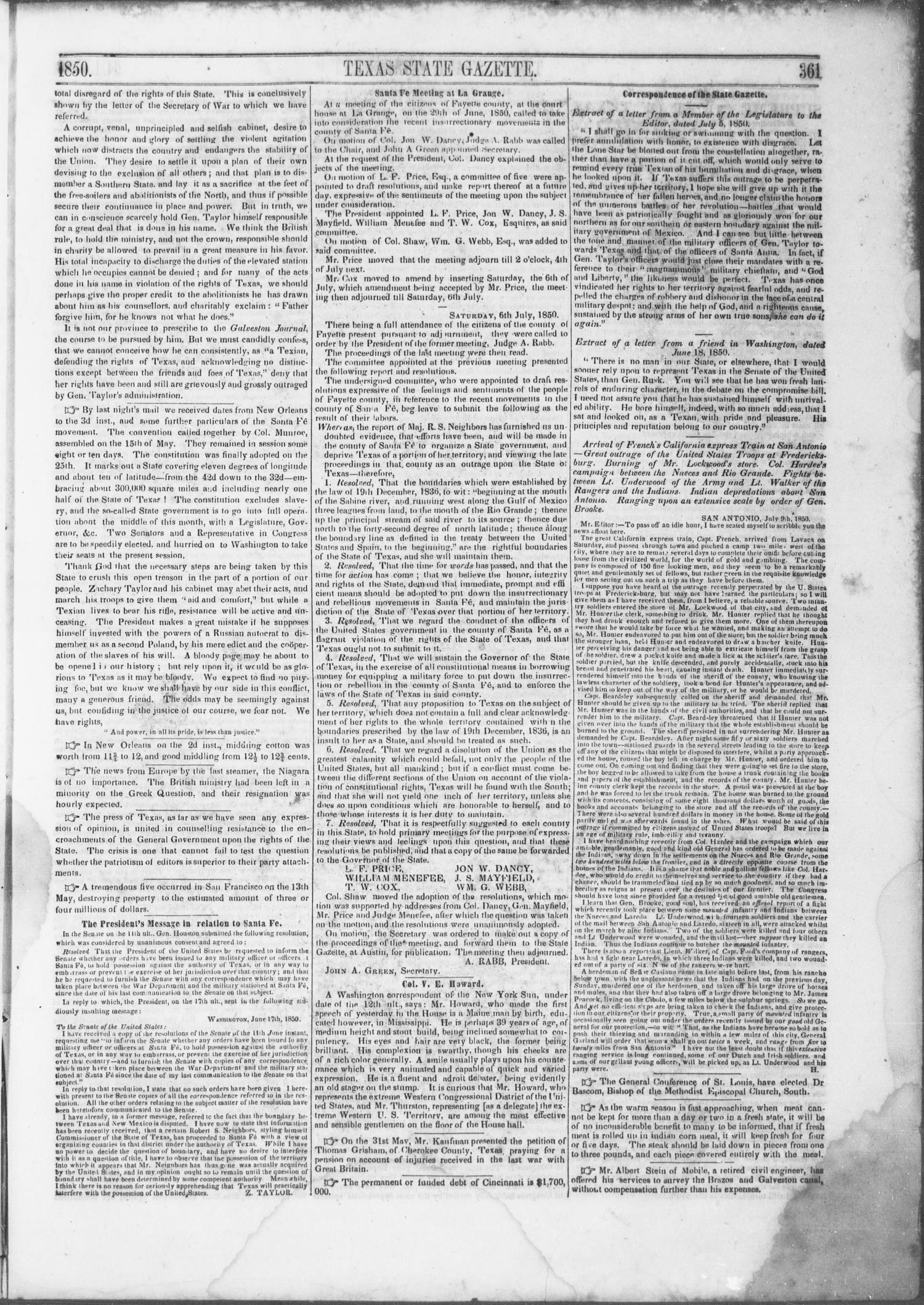 Texas State Gazette. (Austin, Tex.), Vol. 1, No. 47, Ed. 1, Saturday, July 13, 1850
                                                
                                                    [Sequence #]: 3 of 8
                                                