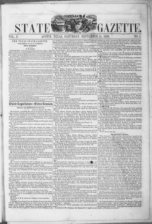 Primary view of object titled 'Texas State Gazette. (Austin, Tex.), Vol. 2, No. 4, Ed. 1, Saturday, September 14, 1850'.