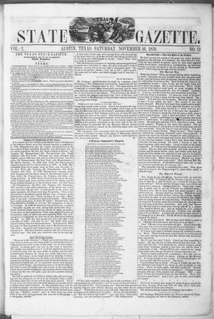 Primary view of object titled 'Texas State Gazette. (Austin, Tex.), Vol. 2, No. 13, Ed. 1, Saturday, November 16, 1850'.