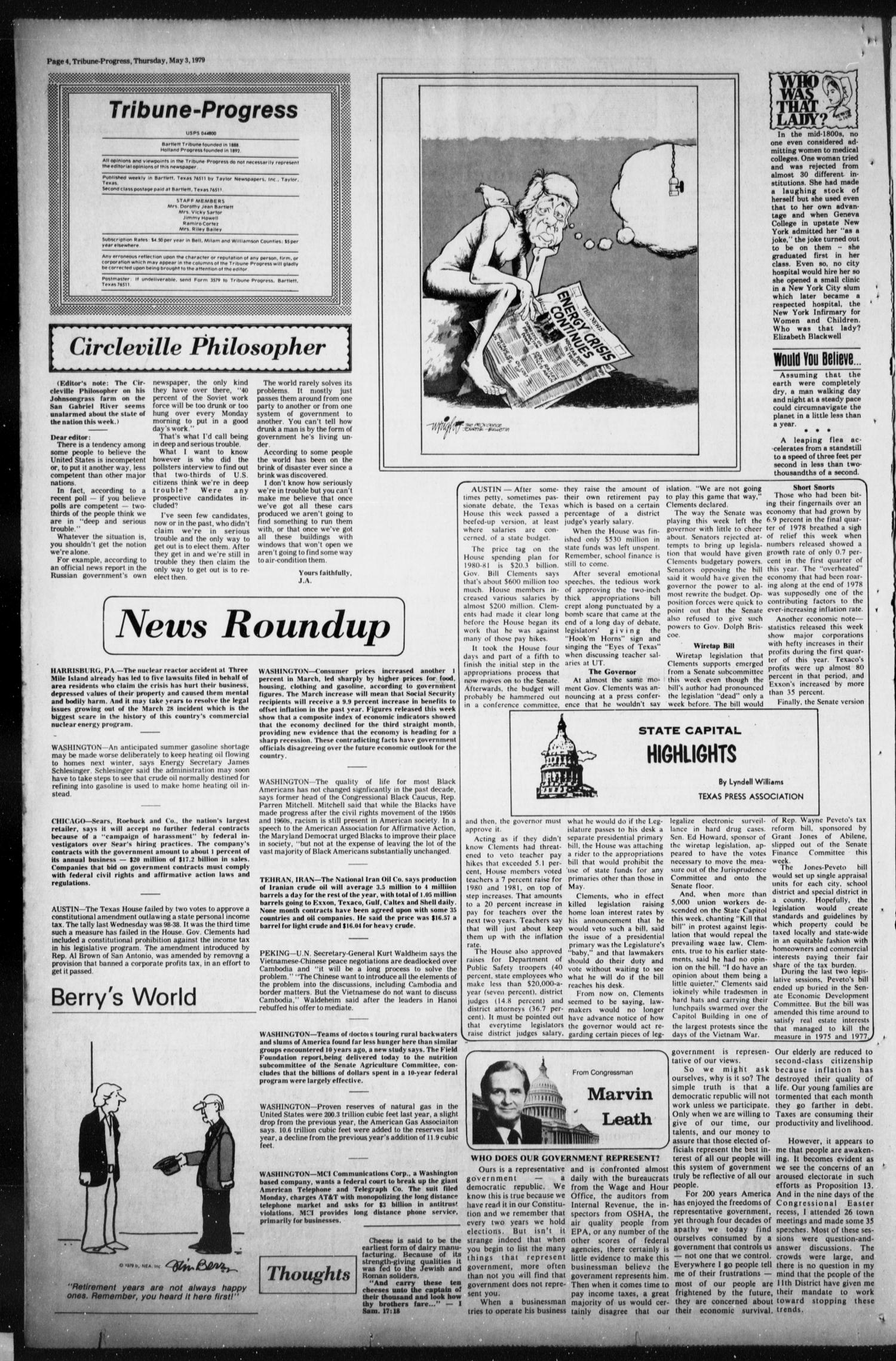 Tribune-Progress (Bartlett, Tex.), Vol. 92, No. 29, Ed. 1, Thursday, May 3, 1979
                                                
                                                    [Sequence #]: 4 of 12
                                                