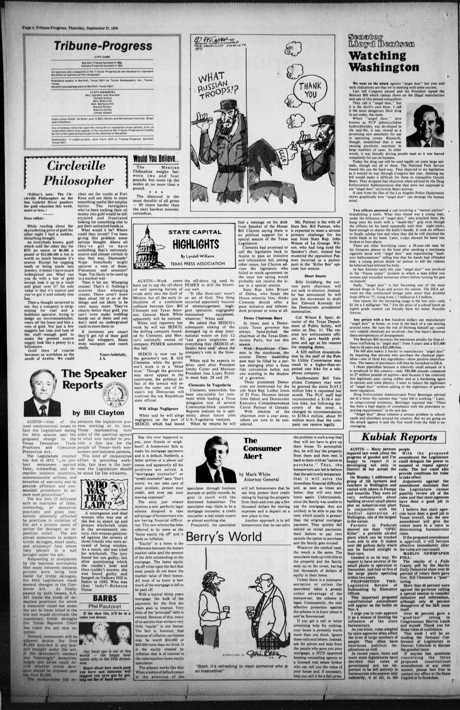 Tribune-Progress (Bartlett, Tex.), Vol. 92, No. 50, Ed. 1, Thursday, September 27, 1979
                                                
                                                    [Sequence #]: 4 of 12
                                                