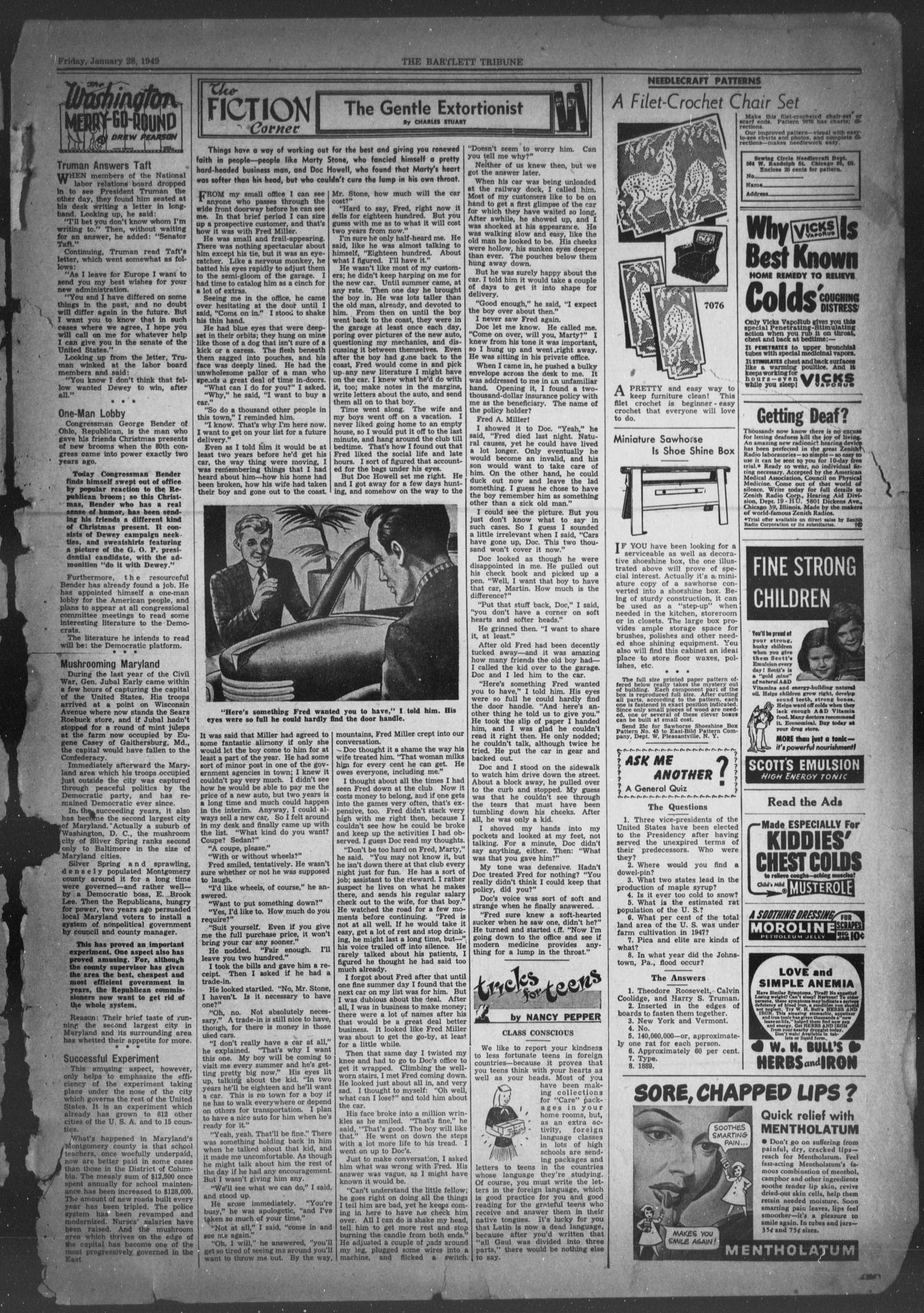 The Bartlett Tribune and News (Bartlett, Tex.), Vol. 62, No. 12, Ed. 1, Friday, January 28, 1949
                                                
                                                    [Sequence #]: 3 of 8
                                                