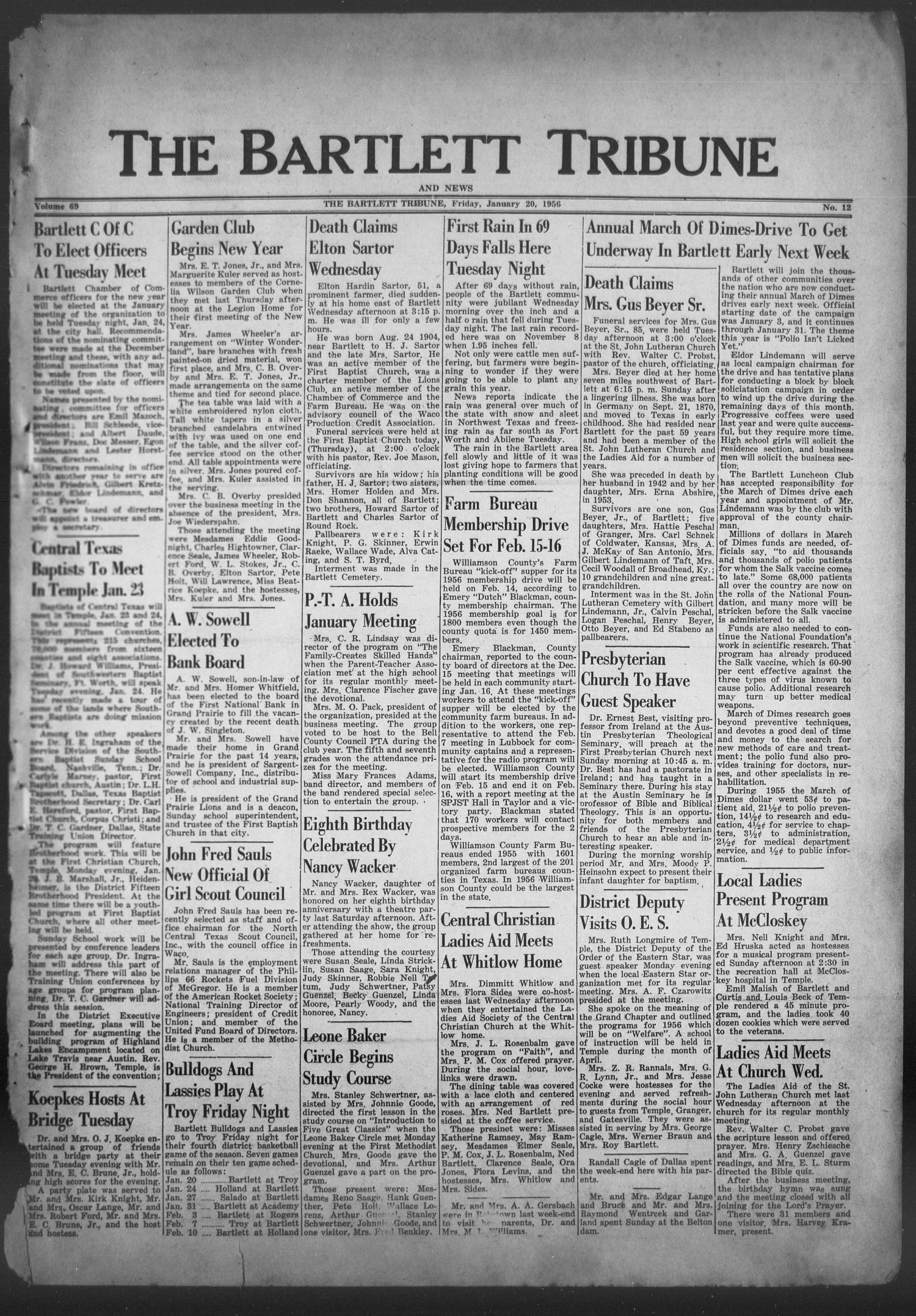 The Bartlett Tribune and News (Bartlett, Tex.), Vol. 69, No. 12, Ed. 1, Friday, January 20, 1956
                                                
                                                    [Sequence #]: 1 of 8
                                                