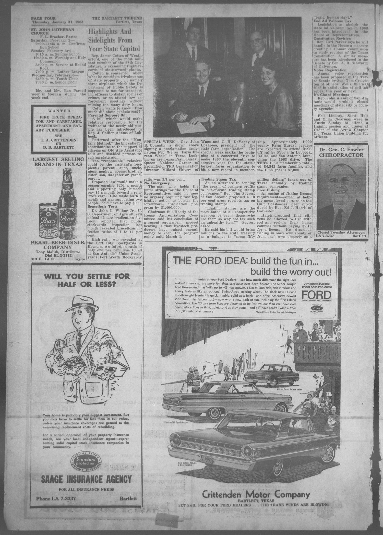 The Bartlett Tribune and News (Bartlett, Tex.), Vol. 76, No. 13, Ed. 1, Thursday, January 31, 1963
                                                
                                                    [Sequence #]: 4 of 6
                                                