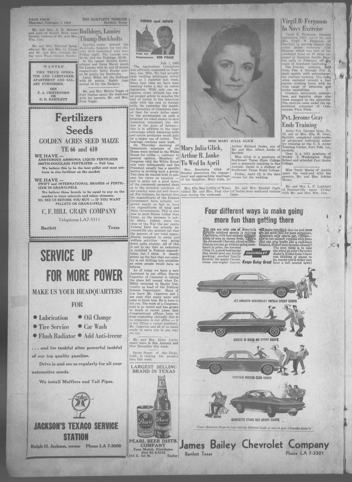 The Bartlett Tribune and News (Bartlett, Tex.), Vol. 76, No. 14, Ed. 1, Thursday, February 7, 1963
                                                
                                                    [Sequence #]: 4 of 6
                                                