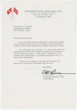 Primary view of object titled '[Letter from Lieutenant General T. W. Dunn to Colonel E. P. Fleming, September 29, 1966]'.