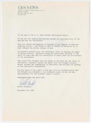 Primary view of object titled '[Letter from Walter Cronkite to the men of the U.S. Army Primary Helicopter School, September 30, 1966]'.