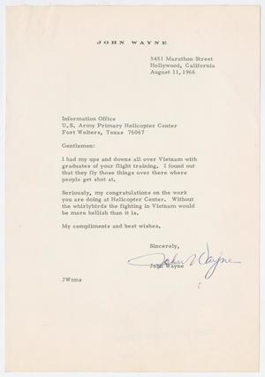 Primary view of object titled '[Letter from John Wayne to the U.S. Army Primary Helicopter Center, August 11, 1966]'.