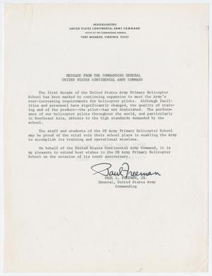 Primary view of object titled '[Letter from General Paul L. Freeman to the U.S. Army Primary Helicopter School]'.