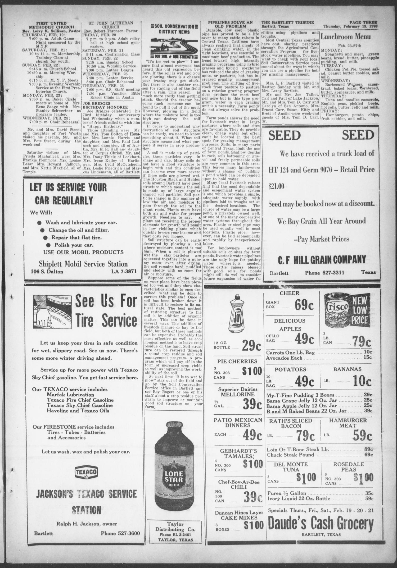 The Bartlett Tribune and News (Bartlett, Tex.), Vol. 83, No. 17, Ed. 1, Thursday, February 19, 1970
                                                
                                                    [Sequence #]: 3 of 8
                                                