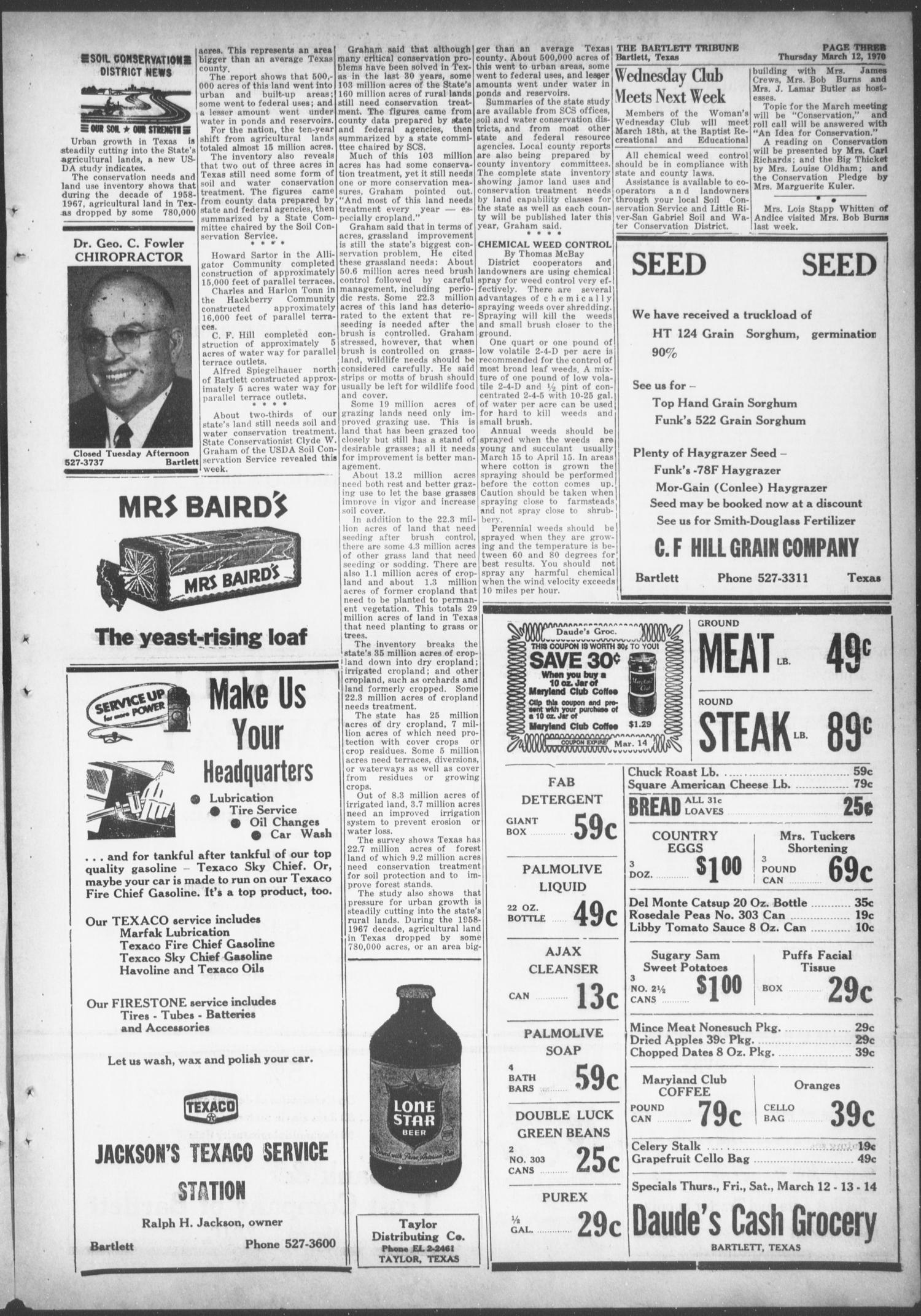 The Bartlett Tribune and News (Bartlett, Tex.), Vol. 83, No. 20, Ed. 1, Thursday, March 12, 1970
                                                
                                                    [Sequence #]: 3 of 8
                                                