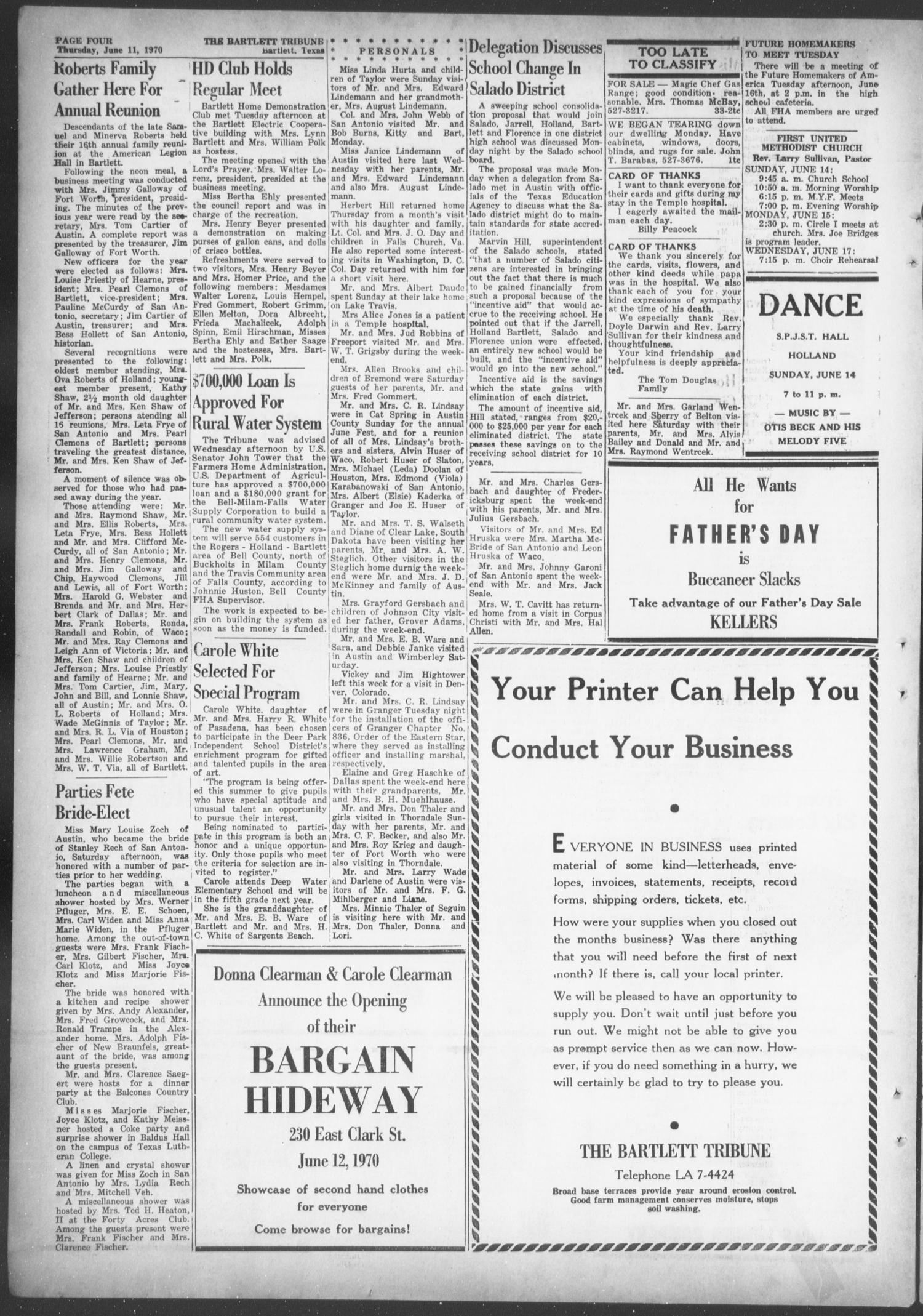 The Bartlett Tribune and News (Bartlett, Tex.), Vol. 83, No. 33, Ed. 1, Thursday, June 11, 1970
                                                
                                                    [Sequence #]: 4 of 8
                                                
