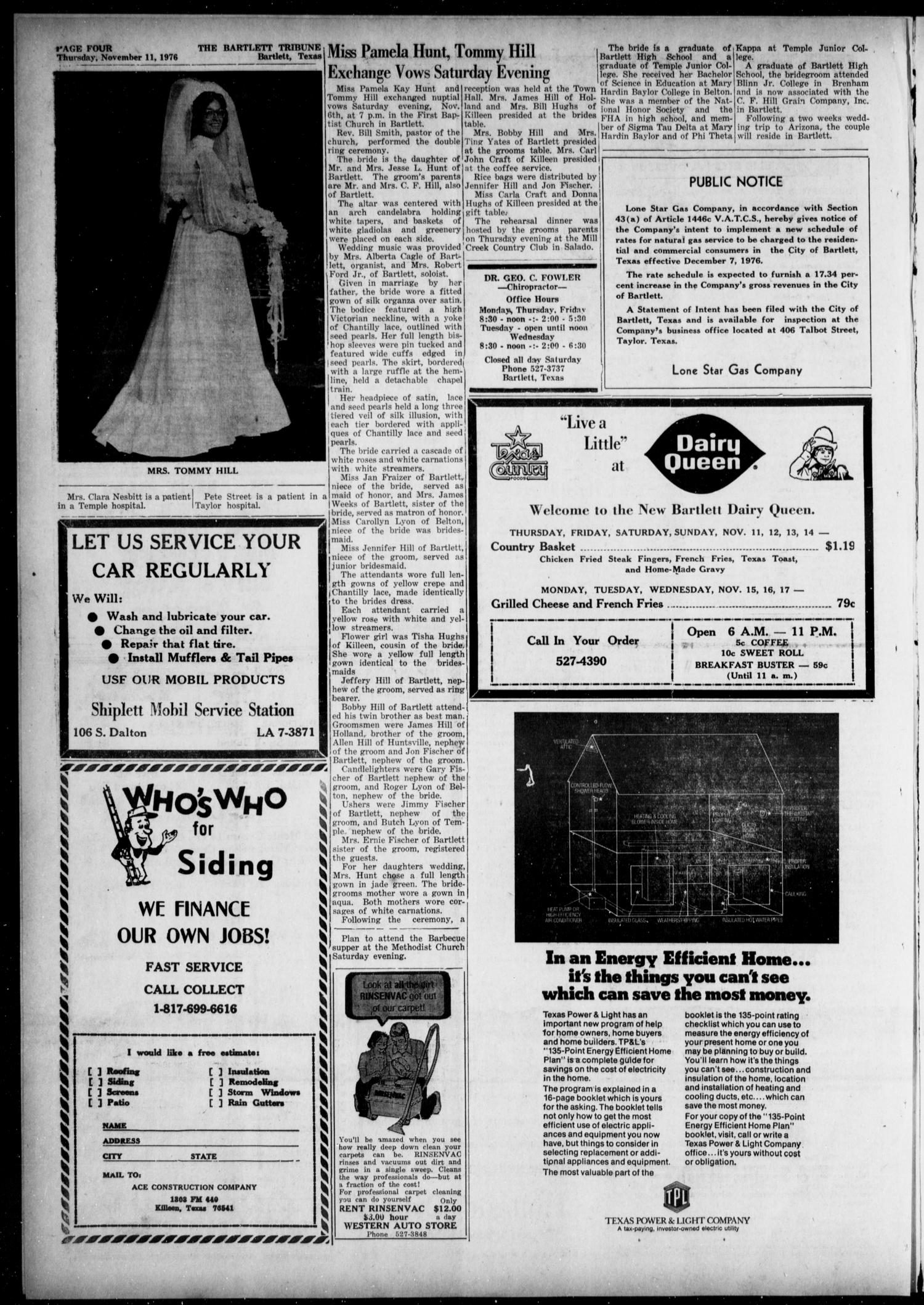 The Bartlett Tribune and News (Bartlett, Tex.), Vol. 90, No. 4, Ed. 1, Thursday, November 11, 1976
                                                
                                                    [Sequence #]: 4 of 6
                                                
