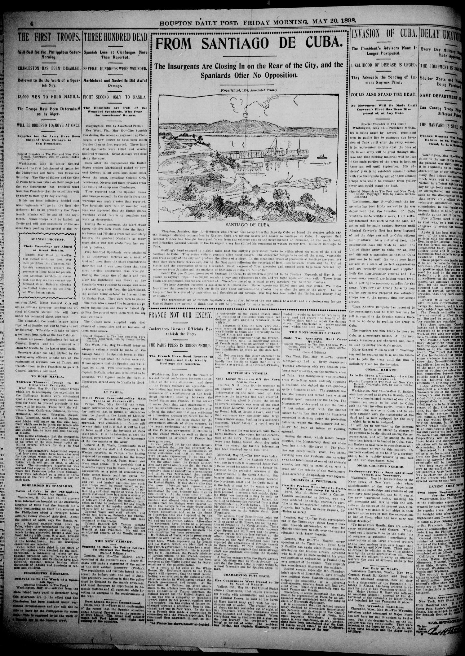 The Houston Daily Post (Houston, Tex.), Vol. Fourteenth Year, No. 48, Ed. 1, Friday, May 20, 1898
                                                
                                                    [Sequence #]: 4 of 12
                                                