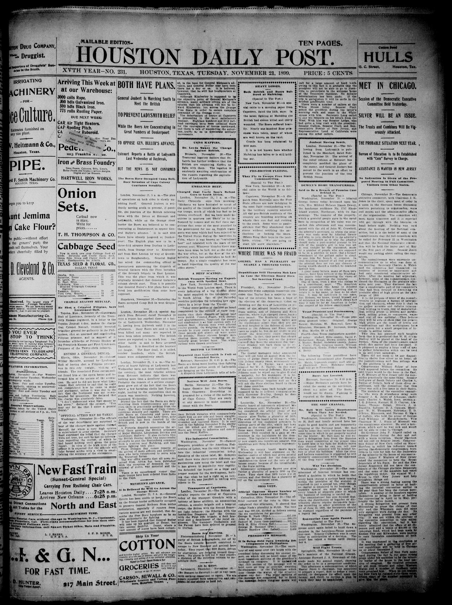 The Houston Daily Post (Houston, Tex.), Vol. XVTH YEAR, No. 231, Ed. 1, Tuesday, November 21, 1899
                                                
                                                    [Sequence #]: 1 of 10
                                                