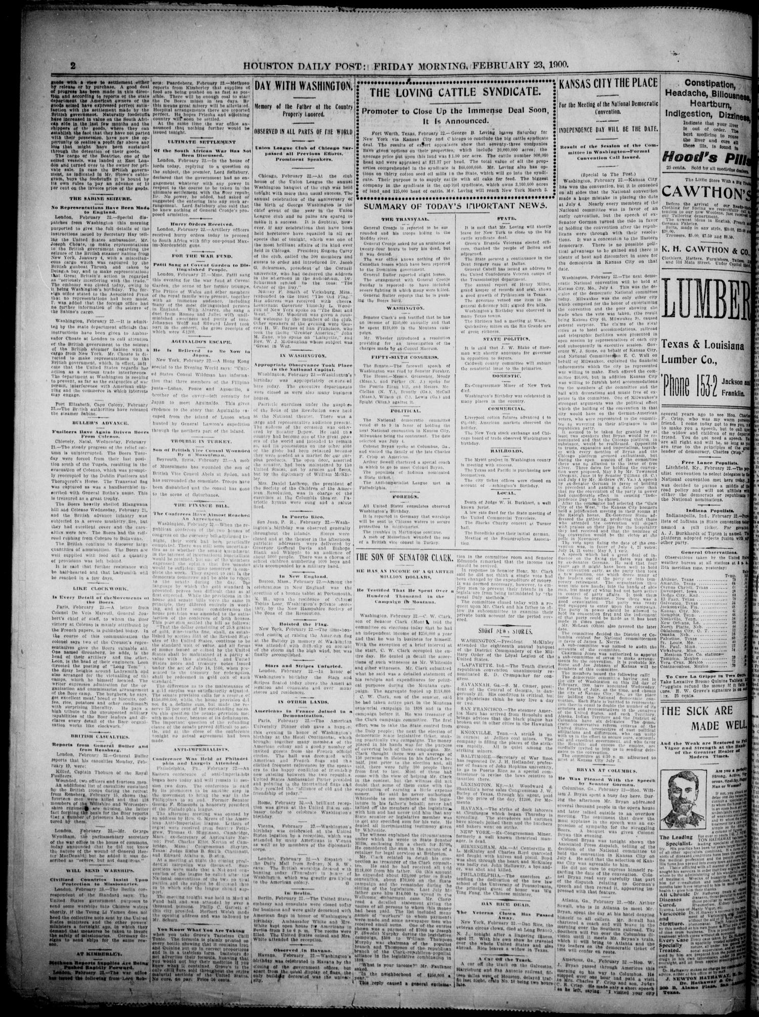 The Houston Daily Post (Houston, Tex.), Vol. XVth Year, No. 325, Ed. 1, Friday, February 23, 1900
                                                
                                                    [Sequence #]: 2 of 8
                                                
