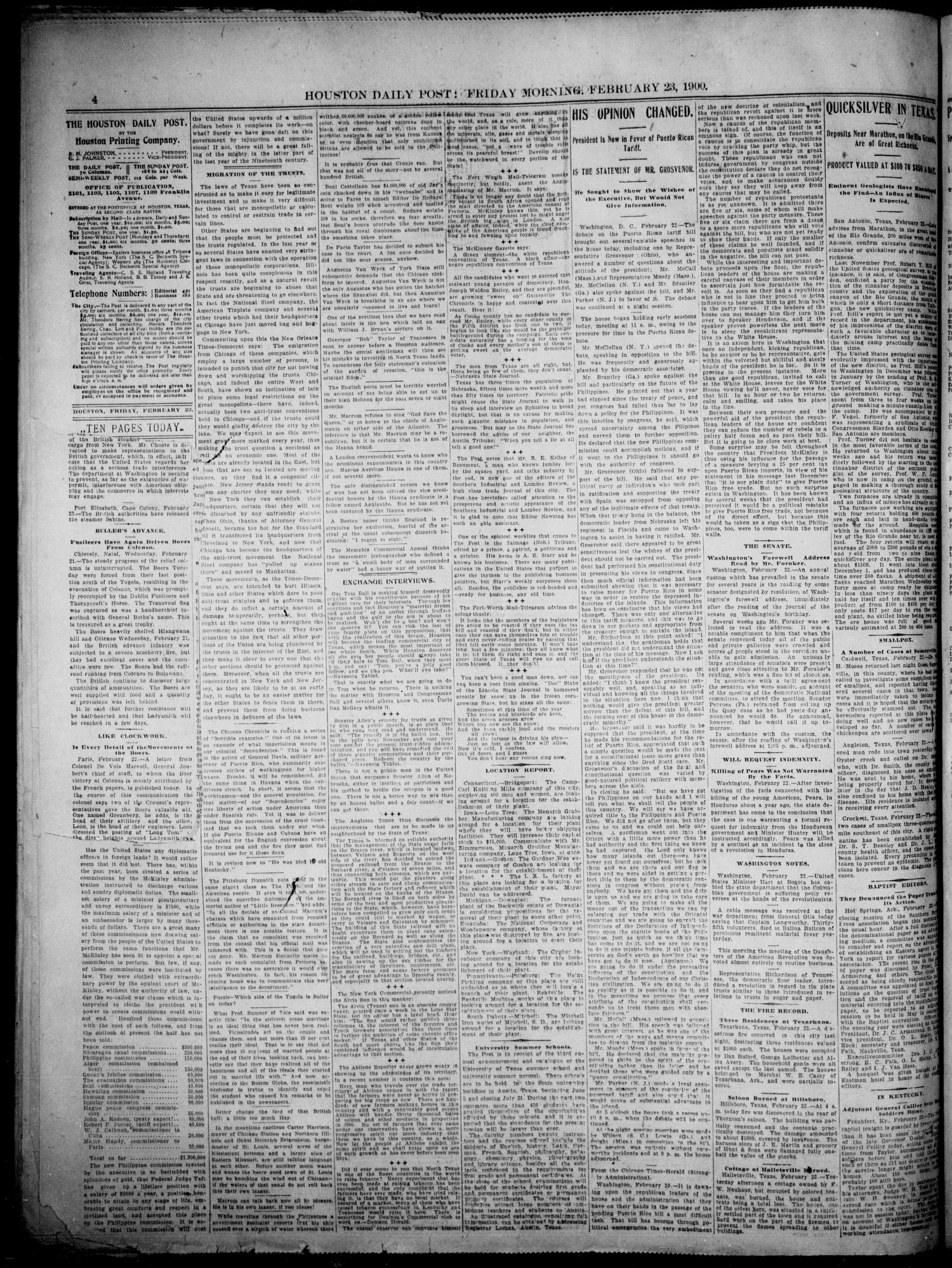The Houston Daily Post (Houston, Tex.), Vol. XVth Year, No. 325, Ed. 1, Friday, February 23, 1900
                                                
                                                    [Sequence #]: 4 of 8
                                                