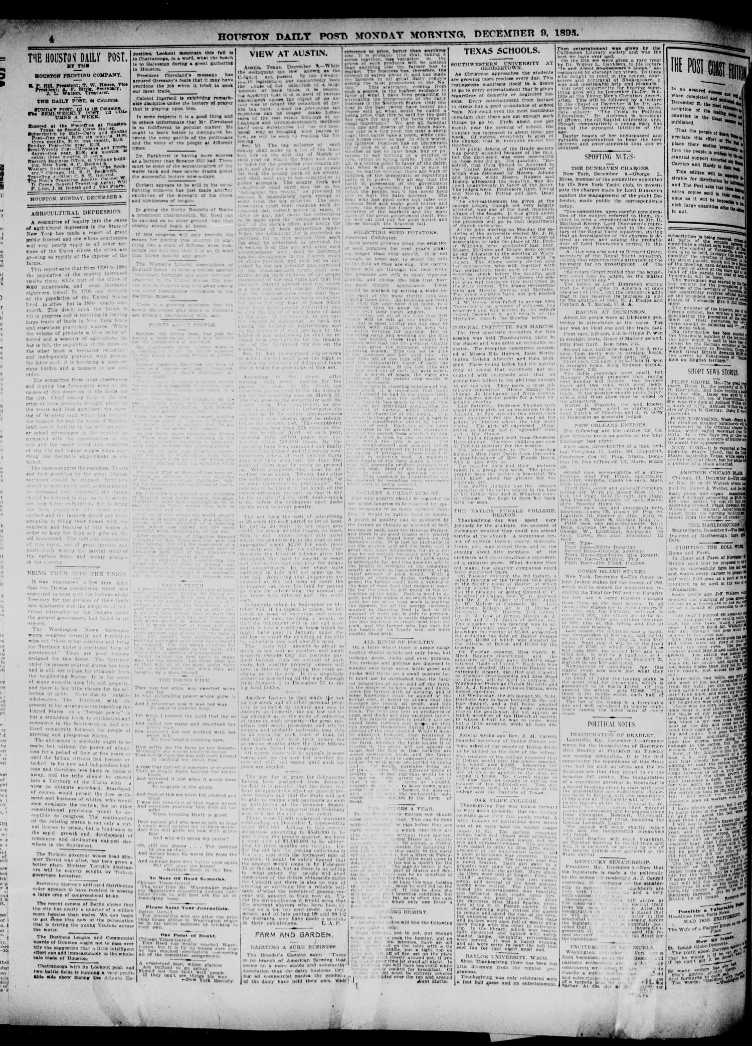 The Houston Daily Post (Houston, Tex.), Vol. ELEVENTH YEAR, No. 249, Ed. 1, Monday, December 9, 1895
                                                
                                                    [Sequence #]: 4 of 8
                                                