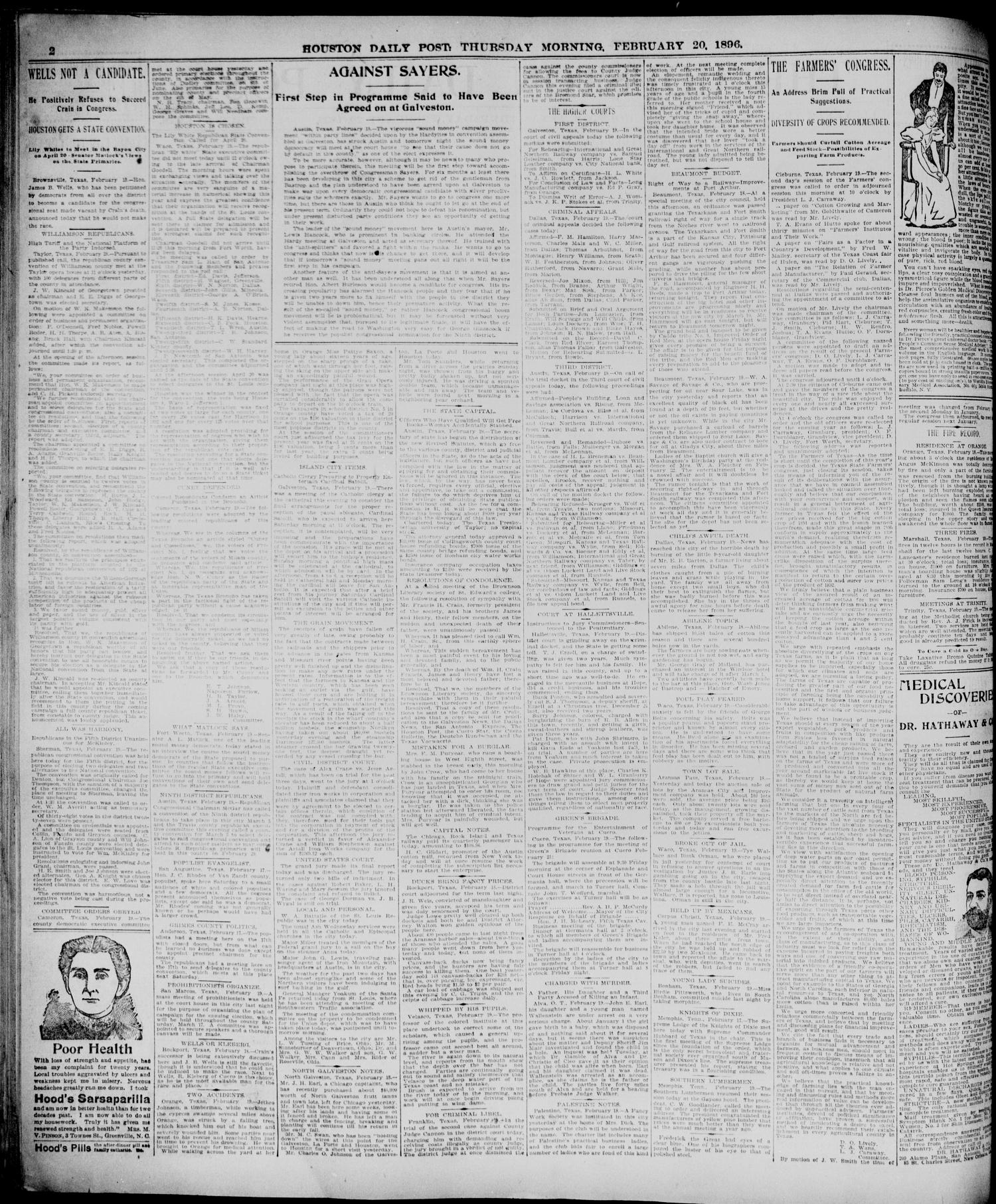 The Houston Daily Post (Houston, Tex.), Vol. ELEVENTH YEAR, No. 322, Ed. 1, Thursday, February 20, 1896
                                                
                                                    [Sequence #]: 2 of 8
                                                
