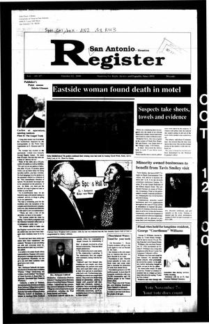 Primary view of object titled 'San Antonio Register (San Antonio, Tex.), Vol. 69, No. 17, Ed. 1 Thursday, October 12, 2000'.
