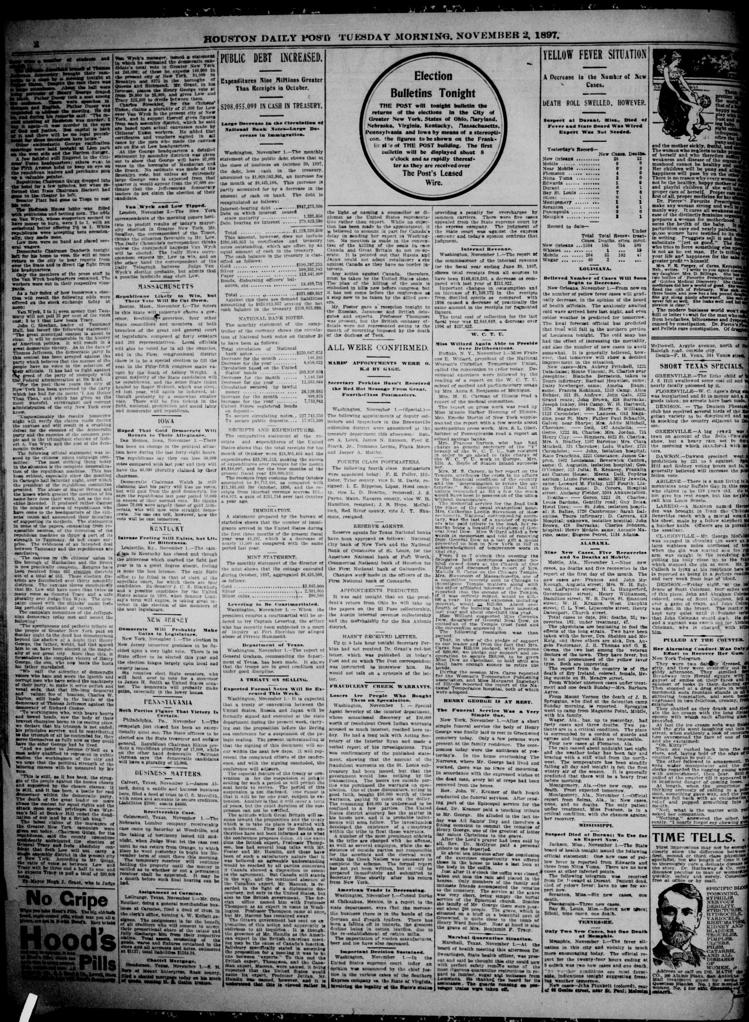 The Houston Daily Post (Houston, Tex.), Vol. THIRTEENTH YEAR, No. 212, Ed. 1, Tuesday, November 2, 1897
                                                
                                                    [Sequence #]: 2 of 10
                                                