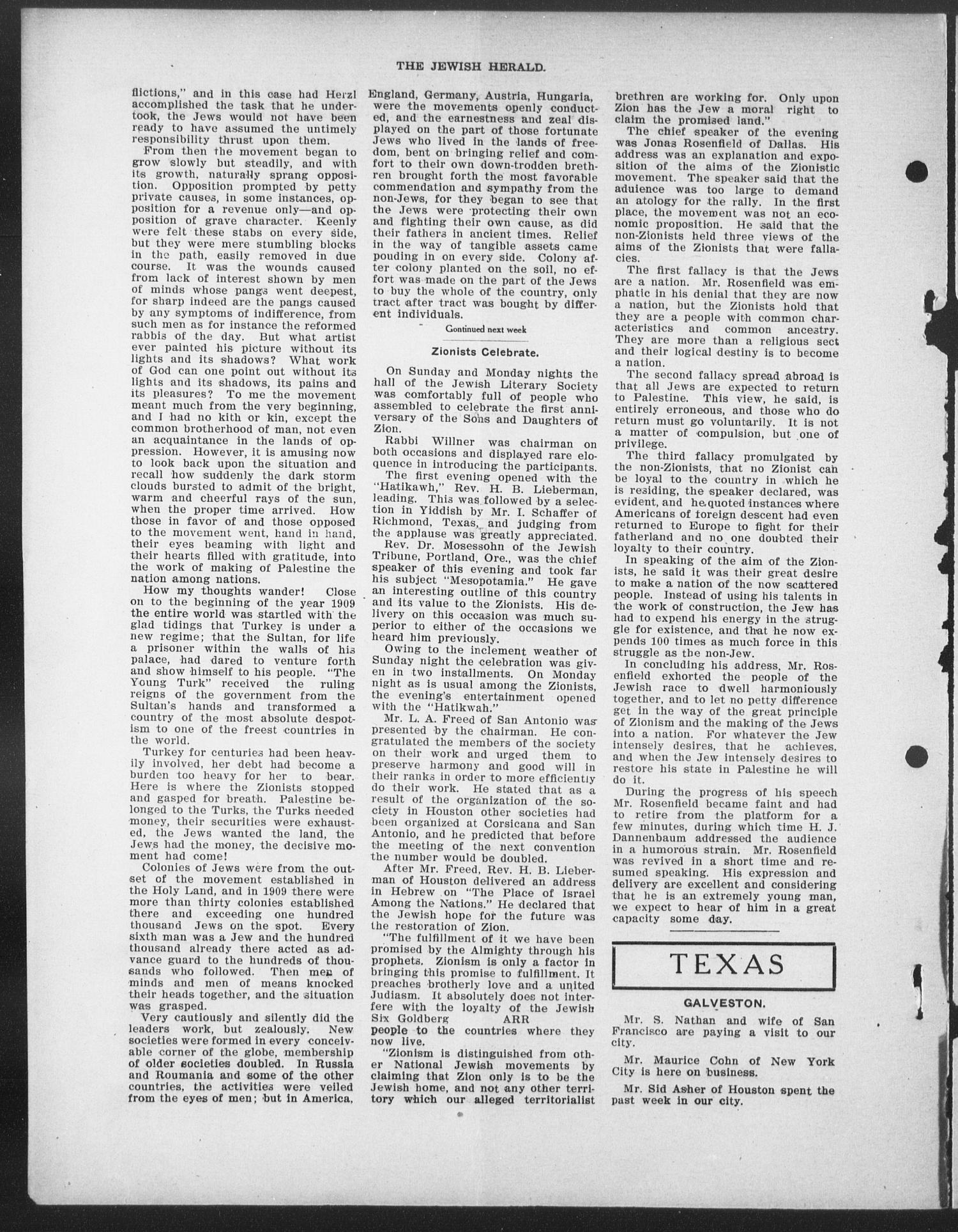The Jewish Herald (Houston, Tex.), Vol. 1, No. 38, Ed. 1, Thursday, June 17, 1909
                                                
                                                    [Sequence #]: 4 of 11
                                                