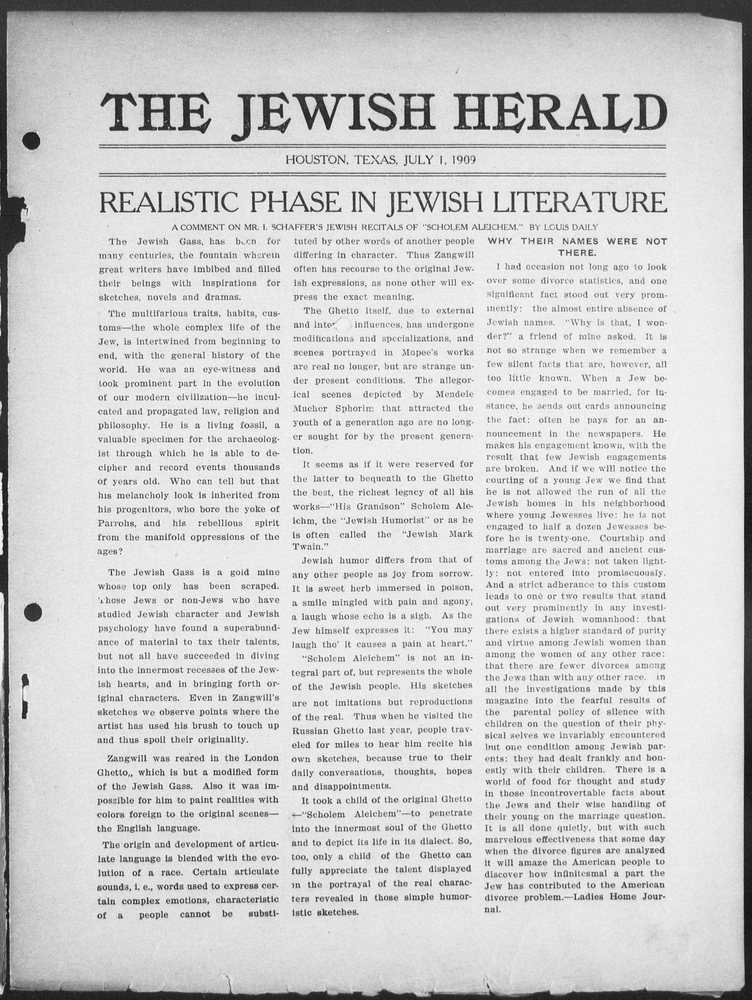 The Jewish Herald (Houston, Tex.), Vol. 1, No. 40, Ed. 1, Thursday, July 1, 1909
                                                
                                                    [Sequence #]: 3 of 10
                                                