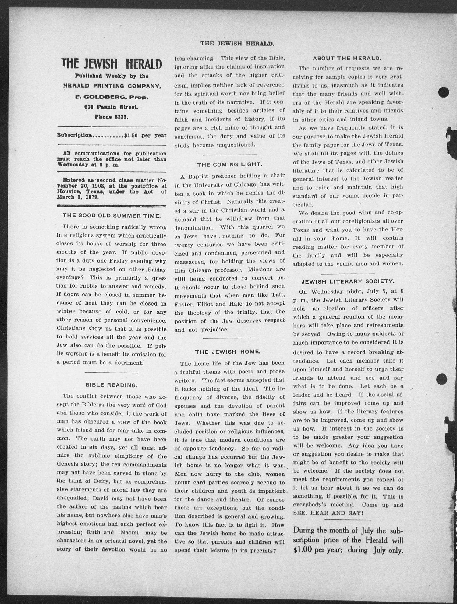 The Jewish Herald (Houston, Tex.), Vol. 1, No. 40, Ed. 1, Thursday, July 1, 1909
                                                
                                                    [Sequence #]: 6 of 10
                                                