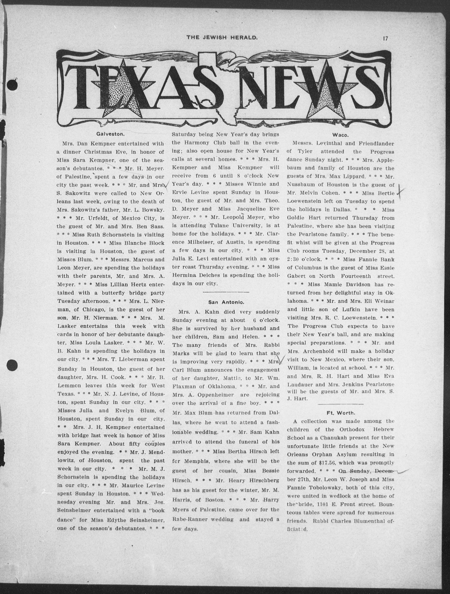 The Jewish Herald (Houston, Tex.), Vol. 2, No. 15, Ed. 1, Thursday, December 30, 1909
                                                
                                                    [Sequence #]: 19 of 28
                                                