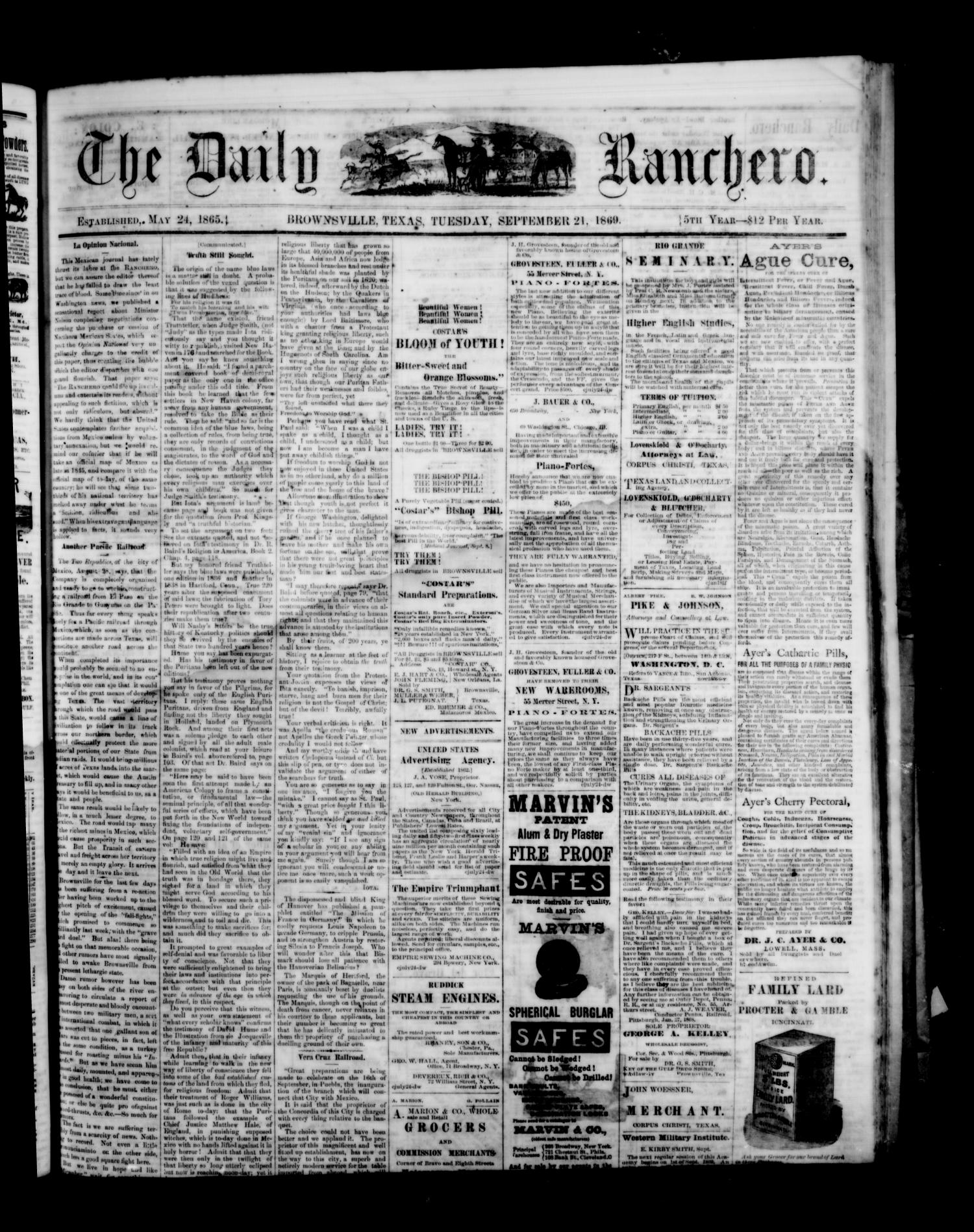 The Daily Ranchero. (Brownsville, Tex.), Vol. 5, Ed. 1 Tuesday, September 21, 1869
                                                
                                                    [Sequence #]: 1 of 4
                                                