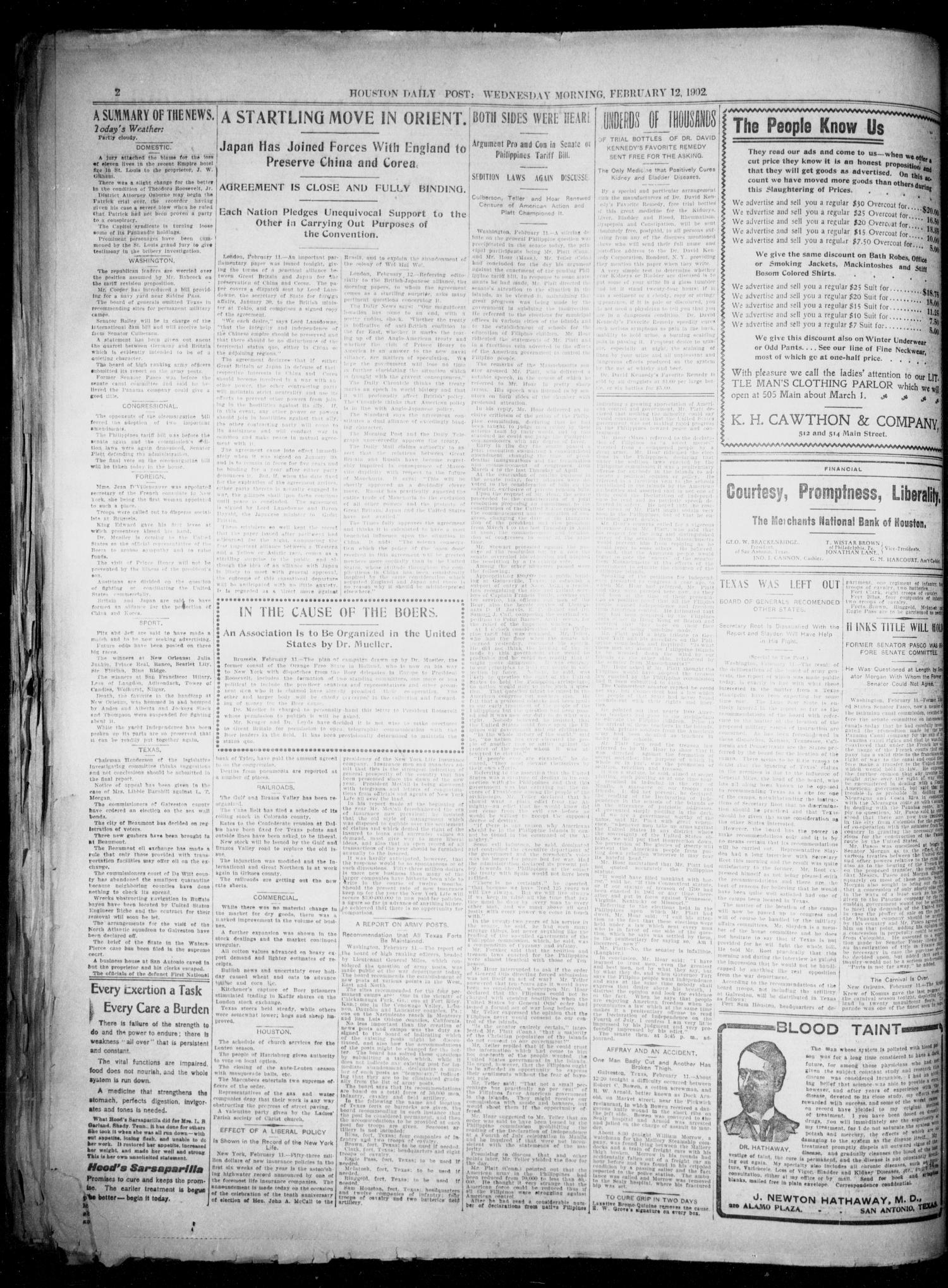 The Houston Daily Post (Houston, Tex.), Vol. XVIITH YEAR, No. 314, Ed. 1, Wednesday, February 12, 1902
                                                
                                                    [Sequence #]: 2 of 12
                                                