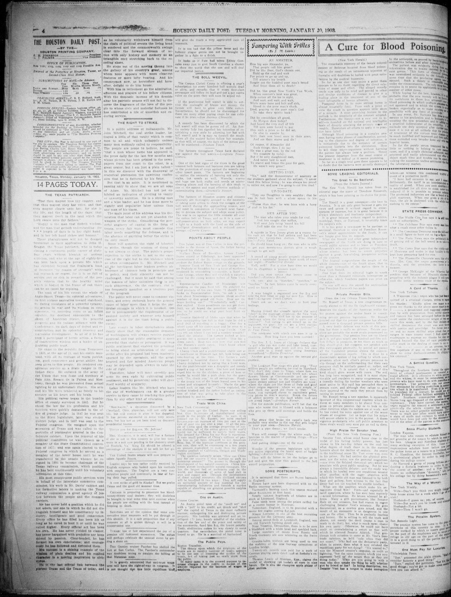 The Houston Daily Post (Houston, Tex.), Vol. XVIIITH YEAR, No. 291, Ed. 1, Tuesday, January 20, 1903
                                                
                                                    [Sequence #]: 4 of 14
                                                