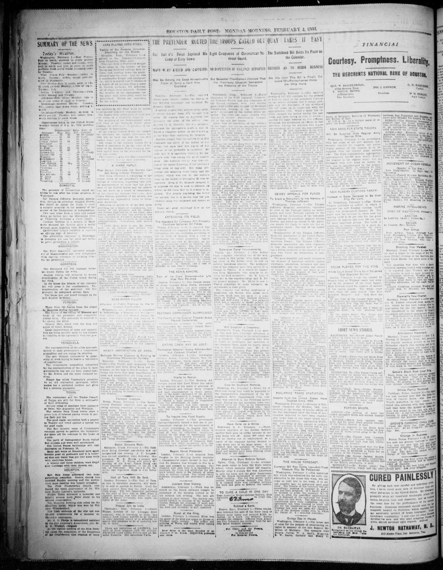The Houston Daily Post (Houston, Tex.), Vol. XVIIITH YEAR, No. 304, Ed. 1, Monday, February 2, 1903
                                                
                                                    [Sequence #]: 2 of 10
                                                