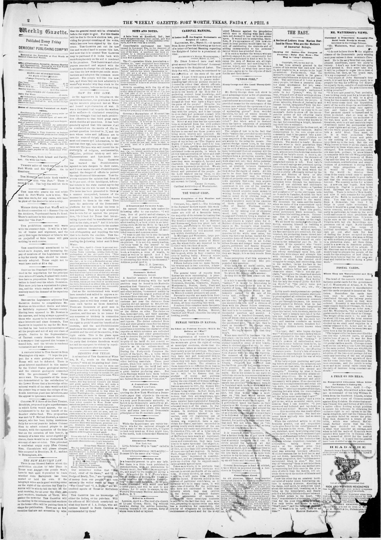 Fort Worth Weekly Gazette. (Fort Worth, Tex.), Vol. 17, No. 16, Ed. 1, Friday, April 8, 1887
                                                
                                                    [Sequence #]: 2 of 8
                                                